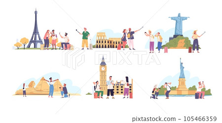 Tourists photo landmarks. People sightseeing, tourist with camera and backpack take picture city architecture, couple travellers selfie in egypt or rome, classy vector illustration 105466359