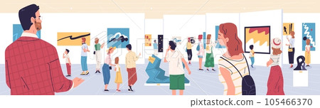 People at art gallery. Public exhibitions visitors group looking paintings and expositive exhibits inside museum or hermitage interior, cultural tourism classy vector illustration People at art gallery. Public exhibitions visitors group looking paintings and expositive exhibits inside museum or hermitage interior, cultural tourism classy vector illustration 105466370
