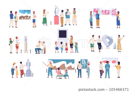 Exhibition visitors. People group looking paintings, showpiece and sculpture exposition in art gallery or museum exhibitions visitor contemplate artwork, classy vector illustration 105466371