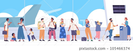 Airport queue. People tourists with luggage wait in line terminal airport or departure area, plane passenger on ticket checking gate flight registration, classy vector illustration 105466374