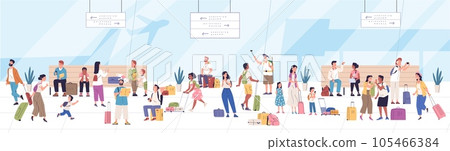 People departure area. Tourists with luggage waiting for airplane flight in lounge room international airport interior, plane passengers journey trip, classy vector illustration 105466384