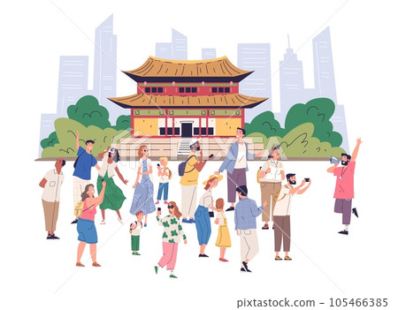 Tourists group guide. Tour guides showing urban landmark, different tourist visit sightseeing on europe city places excursion, traveler with photo camera classy vector illustration 105466385