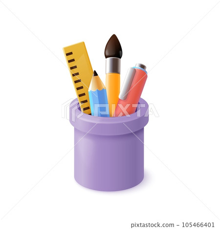 3d pencil cup. Stationery pencils container with office supplies, render school holder case for pen ruler education desk items, realistic isometric exact vector illustration 3d pencil cup. Stationery pencils container with office supplies, render school holder case for pen ruler education desk items, realistic isometric exact vector illustration 105466401