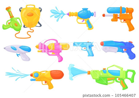 Toy water guns. Funny toy gun squirt wet spray, kids watergun splash fight war summer game, space pistol collection pump-action cartoon weapon child play, neat vector illustration Toy water guns. Funny toy gun squirt wet spray, kids watergun splash fight war summer game, space pistol collection pump-action cartoon weapon child play, neat vector illustration 105466407
