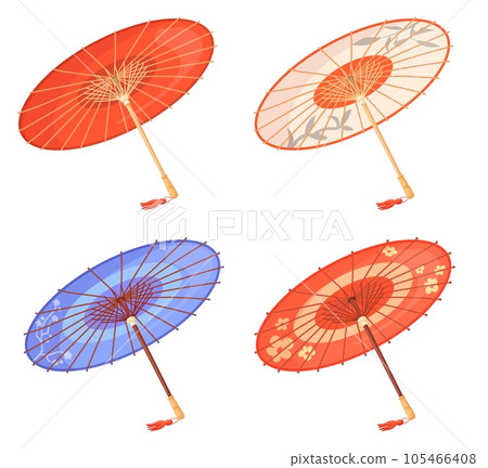 Japanese umbrellas. Beautiful traditional asian umbrella, paper parasol of oriental asia culture japan or china tradition, travel colorful parasols set neat vector illustration Japanese umbrellas. Beautiful traditional asian umbrella, paper parasol of oriental asia culture japan or china tradition, travel colorful parasols set neat vector illustration 105466408