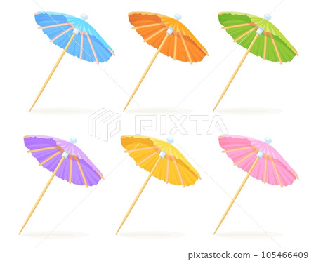 Paper cocktail umbrellas. Small colorful umbrella on toothpick for sweet drinks and summer beverages, decoration parasol in glass beach drink cocktails, neat vector illustration Paper cocktail umbrellas. Small colorful umbrella on toothpick for sweet drinks and summer beverages, decoration parasol in glass beach drink cocktails, neat vector illustration 105466409