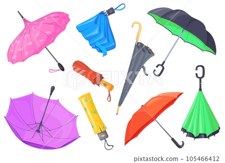 Open and folded umbrellas. Cartoon parasol and colorful waterproof umbrella, fabric umbel different seasons sun beach or rainy weather, fashion parasols neat vector illustration 105466412