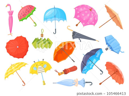 Cartoon sunshades. Colorful umbrellas, fashion parasols for sun or rain weather seasons, uncover and folded umbrella funny kid parasol with cute flowers, neat vector illustration 105466413