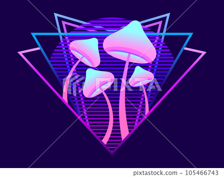 Fluorescent glowing mushrooms at sunset in 80s retro futuristic style. Rave party. Gradient bioluminescent mushroom. Hallucinogenic mushroom on a long stalk. Bioluminescent fungus. Vector illustration 105466743