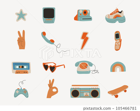 Set of retro elements from the 80s and 90s. Audio cassette, tape recorder, mobile phone, skateboard, joystick, handset phone. Vector flat trend illustration. Set of retro elements from the 80s and 90s. Audio cassette, tape recorder, mobile phone, skateboard, joystick, handset phone. Vector flat trend illustration. 105466781