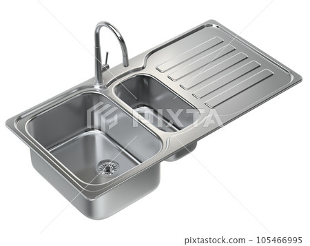 Kitchen sink with tap and double bowl isolated on white background - 3D illustration 105466995