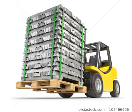 Forklift with aluminium alloy ingots on white background - 3D illustration 105466996