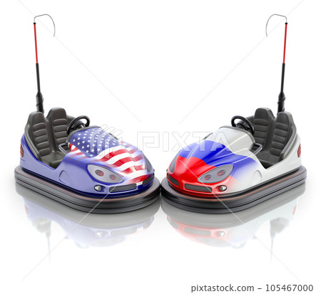 USA versus Russia business concept with bumper cars and flags - 3D illustration USA versus Russia business concept with bumper cars and flags - 3D illustration 105467000