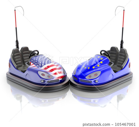 USA versus EU business concept with bumper cars and flags - 3D illustration USA versus EU business concept with bumper cars and flags - 3D illustration 105467001