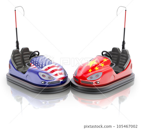 USA versus China business concept with bumper cars and flags - 3D illustration USA versus China business concept with bumper cars and flags - 3D illustration 105467002