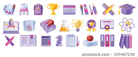 3D back to school icon set, vector education graduate object kit, student backpack study book. 3D back to school icon set, vector education graduate object kit, student backpack study book. 105467230