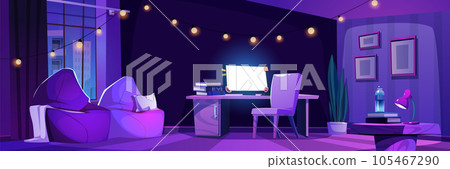 Night empty home office room interior cartoon Night empty home office room interior cartoon 105467290
