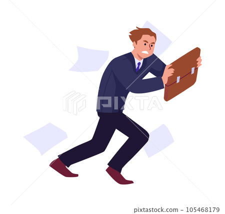 Business man resists strong wind with briefcase, scattered documents, confident leader manager vector flat illustration 105468179