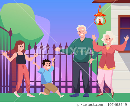 Happy grandparents meeting grandchildren in front of house, flat vector illustration. Happy grandparents meeting grandchildren in front of house, flat vector illustration. 105468249