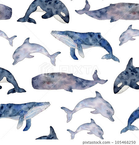 Seamless pattern with Orcinus orca, cachalot, dolphin, humpback. Wild inhabitants of the seas and oceans. Hand drawn cetaceans fish line art illustration. Endless background for wallpaper, fabric Seamless pattern with Orcinus orca, cachalot, dolphin, humpback. Wild inhabitants of the seas and oceans. Hand drawn cetaceans fish line art illustration. Endless background for wallpaper, fabric 105468250