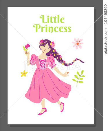 Princess in pink dress with flowers in long braid, fairy with tulip in hand, multi ethnic princesses vector collection 105468260