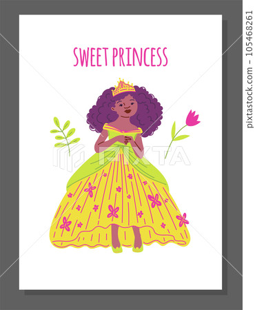 African princess in lush dress with crown, luxuriant fairy with curly dark hair, vector multi ethnic princess poster 105468261