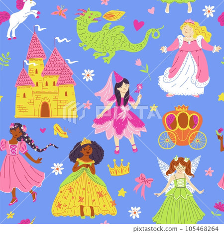 Seamless vector pattern with fairy tale characters and symbols, multi ethnic beautiful princesses, castle, brougham Seamless vector pattern with fairy tale characters and symbols, multi ethnic beautiful princesses, castle, brougham 105468264