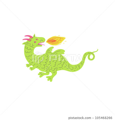 Green dragon fiery flame breathing, cute dinosaur fairy with wings and horns, vector cartoon fairy tale character Green dragon fiery flame breathing, cute dinosaur fairy with wings and horns, vector cartoon fairy tale character 105468266