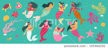 Set of multi ethnic mermaids, seaweeds and underwater inhabitants flat style 105468292