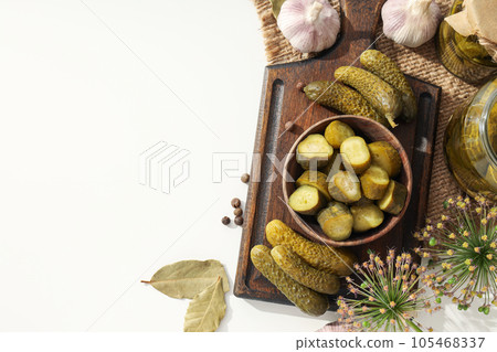 Tasty canned food concept, canned cucumbers, food for winter Tasty canned food concept, canned cucumbers, food for winter 105468337