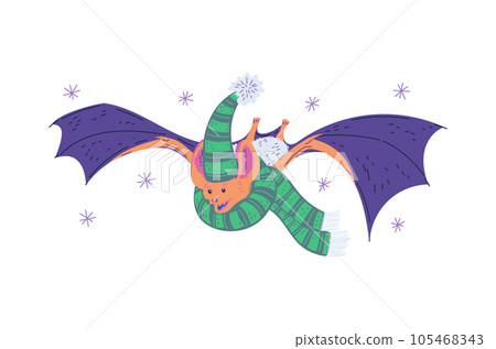 Funny flying bat dressed in a hat and scarf, snowing, creepy bird with mouse body vector illustration on white 105468343