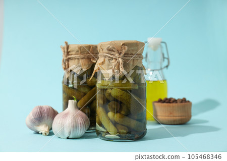 Tasty canned food concept, canned cucumbers, food for winter Tasty canned food concept, canned cucumbers, food for winter 105468346