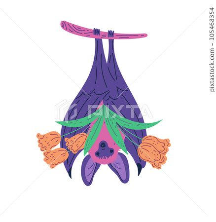 Funny bat hanging upside down on a branch with a bouquet of flowers, cute wild bird with present vector illustration Funny bat hanging upside down on a branch with a bouquet of flowers, cute wild bird with present vector illustration 105468354