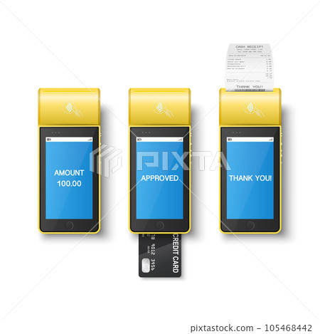 Vector 3d Yellow NFC Payment Machine with Approved Status and Paper Receipt, Bill, Credit Card. Payment POS Terminal, Machine Design Template of Bank Payment Contactless Terminal, Mockup. Top View 105468442