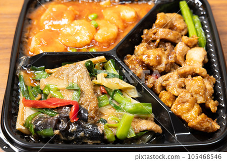 Assortment of three delicious Chinese dishes Assortment of three delicious Chinese dishes 105468546