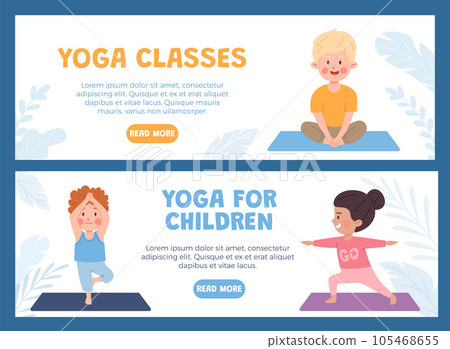 Flyers set tamplate girls and boys in yoga poses, vector cartoon happy little kids doing exercise and meditation Flyers set tamplate girls and boys in yoga poses, vector cartoon happy little kids doing exercise and meditation 105468655