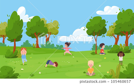 Yoga children class in nature on the lawn, cute girls and boys in yoga pose, yoga healthy exercise vector illustration Yoga children class in nature on the lawn, cute girls and boys in yoga pose, yoga healthy exercise vector illustration 105468657