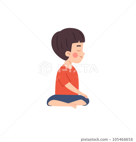 Cute boy sitting cross-legged in yoga pose, turned to the side and closed eyes vector isolated cartoon illustration 105468658