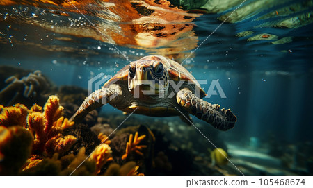 Sea turtle close up over coral reef in Sabah. Conservation and marine life concept. Sea turtle close up over coral reef in Sabah. Conservation and marine life concept. 105468674