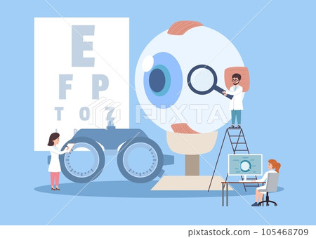 Tiny doctors and huge eye and check devices flat style, vector illustration 105468709