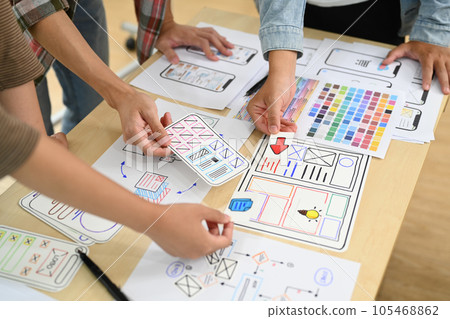 Group of application developers working on new website wireframe, planning application development at creative office 105468862