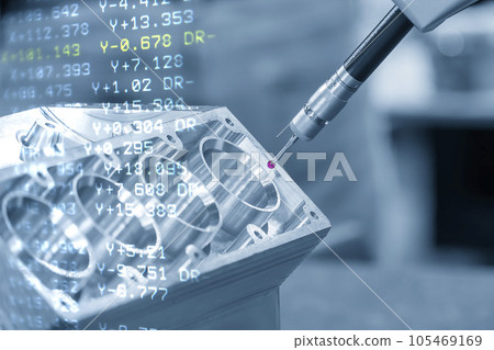 The abstract scene CMM machine measuring the aluminum cylinder head parts and G-code data background. 105469169