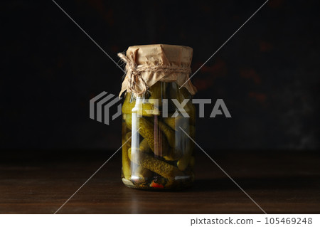 Tasty canned food concept, canned cucumbers, food for winter 105469248