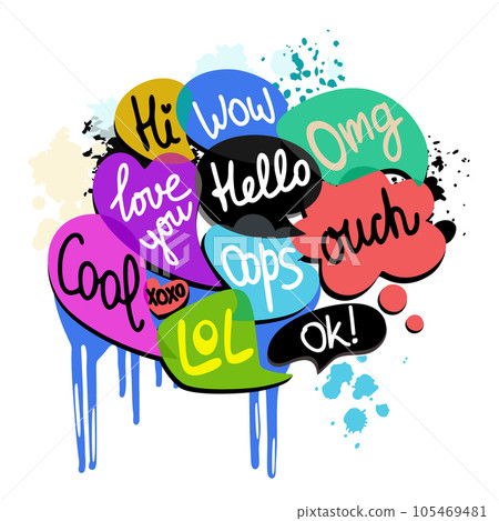 Colorful set of speech bubbles with dialog words: Hi, wow, love you, hello, omg, cool, xoxo, lol, oops, ouch, ok. Vector illustration in graffiti style. 105469481