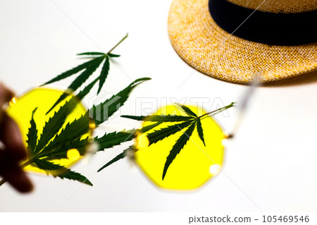 A look at life through yellow glasses. Marijuana. The effect of drugs on consciousness. Addicted to drugs. Carefree life. Selective focus A look at life through yellow glasses. Marijuana. The effect of drugs on consciousness. Addicted to drugs. Carefree life. Selective focus 105469546