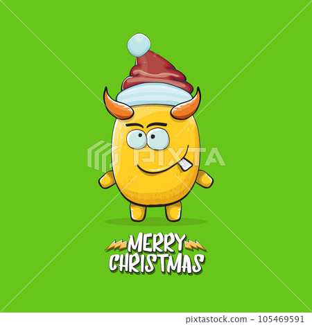 Vector cartoon funky orange monster with Santa Claus red hat isolated on green christmas background. Childrens Merry Christmas greeting card with funny monster minion elf Santa Claus. 105469591