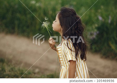 Child in a summer field. Little girl in a cute dress. 105469936
