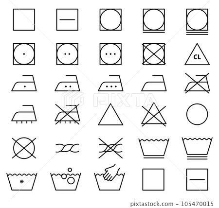 Laundry Vector Icons set. Washing symbols. Care clothes instructions on labels, machine or hand washing signs. Laundry Vector Icons set. Washing symbols. Care clothes instructions on labels, machine or hand washing signs. 105470015