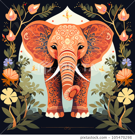 Beautiful Indian elephant decorated with ethnic ornaments painted on its body. Big festive animal prepared for a celebration and standing in a garden.  105470298
