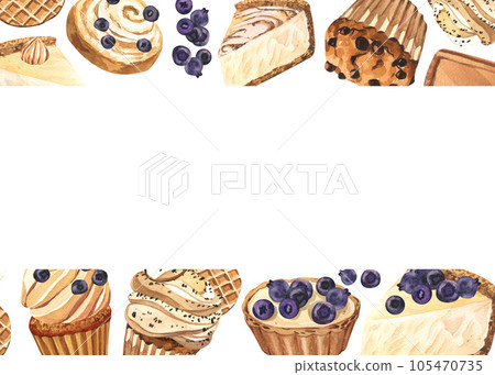 Watercolor frame dessert muffin, cupcake, bun, tart, cheesecake with blueberry. Hand-drawn illustration isolated on white background. Perfect food menu, design packing, bakery shop, cooking, tea party 105470735